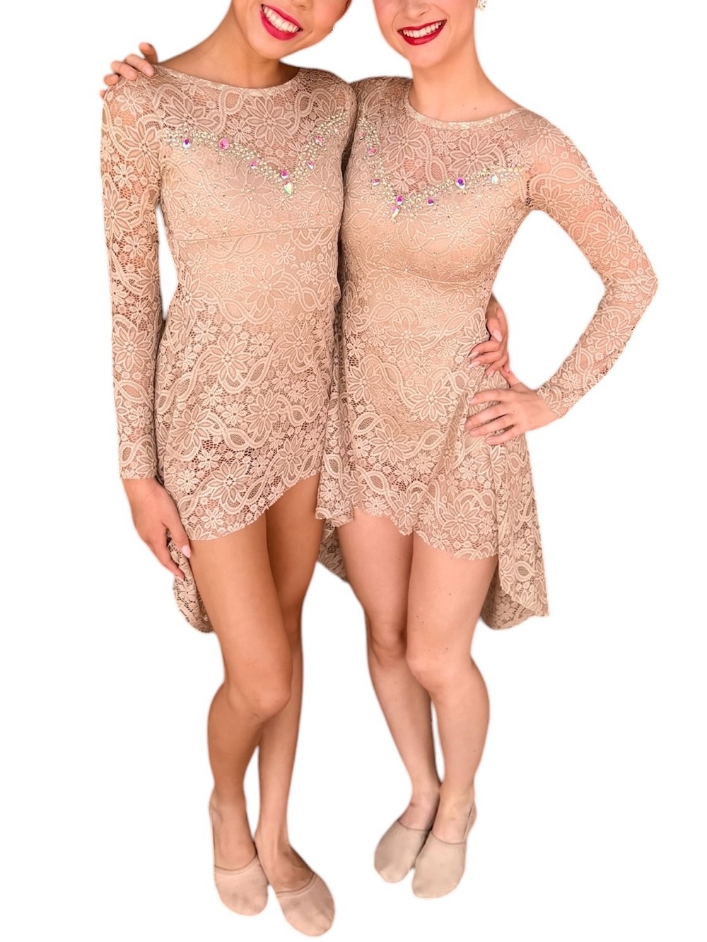 Custom Nude Lace Long-Sleeve Dance Dress with Rhinestone Accents